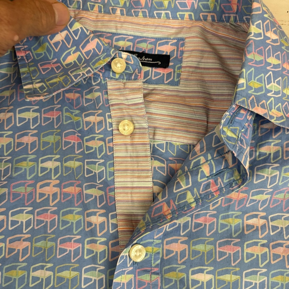 Robert Graham Geometric Shirt Mens L Blue Cotton Short Sleeve Button-Up Casual - Picture 4 of 9
